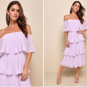 LULU's Prom Wedding Boho Romantic Tiered Ruffles Off the Shoulder Midi Dress